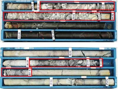 Fig.2: Photos of drill core, taken before cutting core in half for sampling. Mineralized intervals are highlighted with red outlines; top picture: drill hole SMR-057-22-MTS, mineralized interval from 153.20 to 154.75 m depth consists of a white-light grey quartz vein with silver sulpho-salts, galena, sphalerite, and pyrite, locally brecciated; assay results returned 812.7g/t Ag, 0.75% Pb, 2.17% Zn, 0.27% Cu, and 0.36 g/t Au; bottom picture: drill hole SMR-058-22-MTS, mineralized interval from 86.55  to 87.40 m depth; hydrothermal breccia  with sulphide patches and veinlets in gangue of quartz and clay minerals, strongly fractured, showing silver sulpho-salts, sphalerite, galena; intercept assayed 434.8 g/t Ag, 1.28% Pb, 2.10% Zn, 0.13% Cu, and 0.29 g/t Au. (CNW Group/Silver Mountain Resources Inc.)