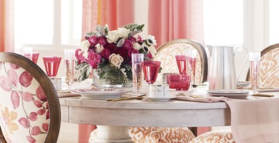 Ballard Designs table décor in the 2023 Magenta vibe. Displayed are Bunny Williams' Glass and Dinnerware for the design retailer.