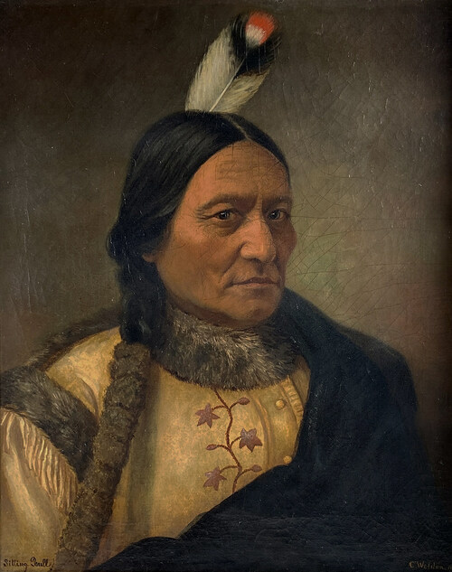 Portrait of Sitting Bull, 1890, by Caroline Weldon. Oil on canvas. This painting from life, thought to be lost, will be offered at Blackwell Auctions (Florida) in March. The artist's relationship with the Lakota leader was the subject of a 2017 movie.