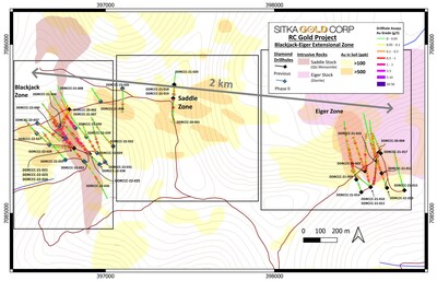 Figure 1 – 2020 – 2022 drilling in the Blackjack, Saddle and Eiger zones (CNW Group/Sitka Gold Corp.)
