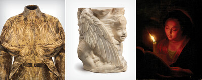 A. McQueen, Woman's Jacket (det.) from the Untitled (Angels and Demons) coll., Fall/Winter 2010-11. LACMA, gift from the Coll. of R. J. Drucker, photo © Museum Associates / LACMA // Circle of D. Da Settignano, Fragment with Two Seraphim, c. 1460. LACMA, W. Randolph Hearst Coll., photo © Museum Associates/LACMA // A.-S. Falardeau, d’après G. Schalken, La Jeune fille lisant la lettre, 1857. Huile sur toile. 68,6 x 56 cm. Coll. MNBAQ, don succ. W.-M. MacPherson (1934.609) Photo MNBAQ, J.-G. Kérouac (Groupe CNW/Musée national des beaux-arts du Québec)