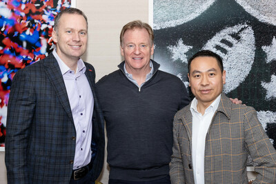 TCL North America President Mark Zhang (R) and SVP Chris Hamdorf (L) meet with NFL Commissioner Roger Goodell to celebrate the partnership naming TCL the Official TV Partner of the NFL.