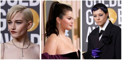 Julia Garner, Selena Gomez, and Emma D'Arcy Shine in De Beers at the 2023 Golden Globes