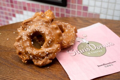 The Salted Caramel Old Fashioned donut features Stan’s traditional Old Fashioned recipe flavored with caramel and topped with a caramel glaze, finished with Morton® Coarse Sea Salt.