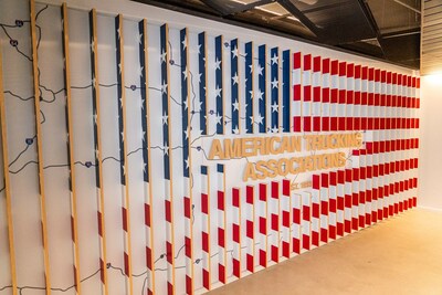 A stylized American flag display is the first thing visitors to ATA's new offices see when exiting the elevators.
