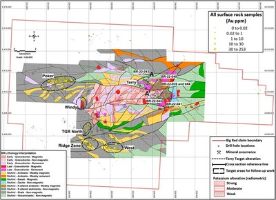 Figure 4: Interpreted geology, drill hole locations, main mineral occurrences, all rock sample locations (Au ppm) (CNW Group/Libero Copper & Gold Corporation.)
