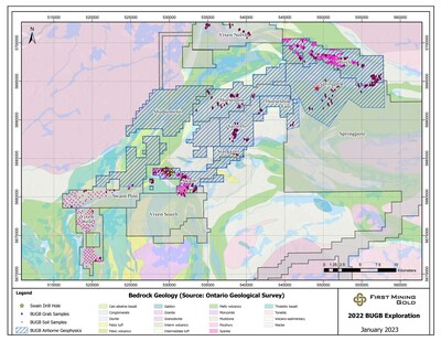 Figure 1: The consolidated First Mining Birch-Uchi Greenstone Belt mineral tenure around Springpole, highlighting the regional 2022 BUGB exploration campaigns (CNW Group/First Mining Gold Corp.)