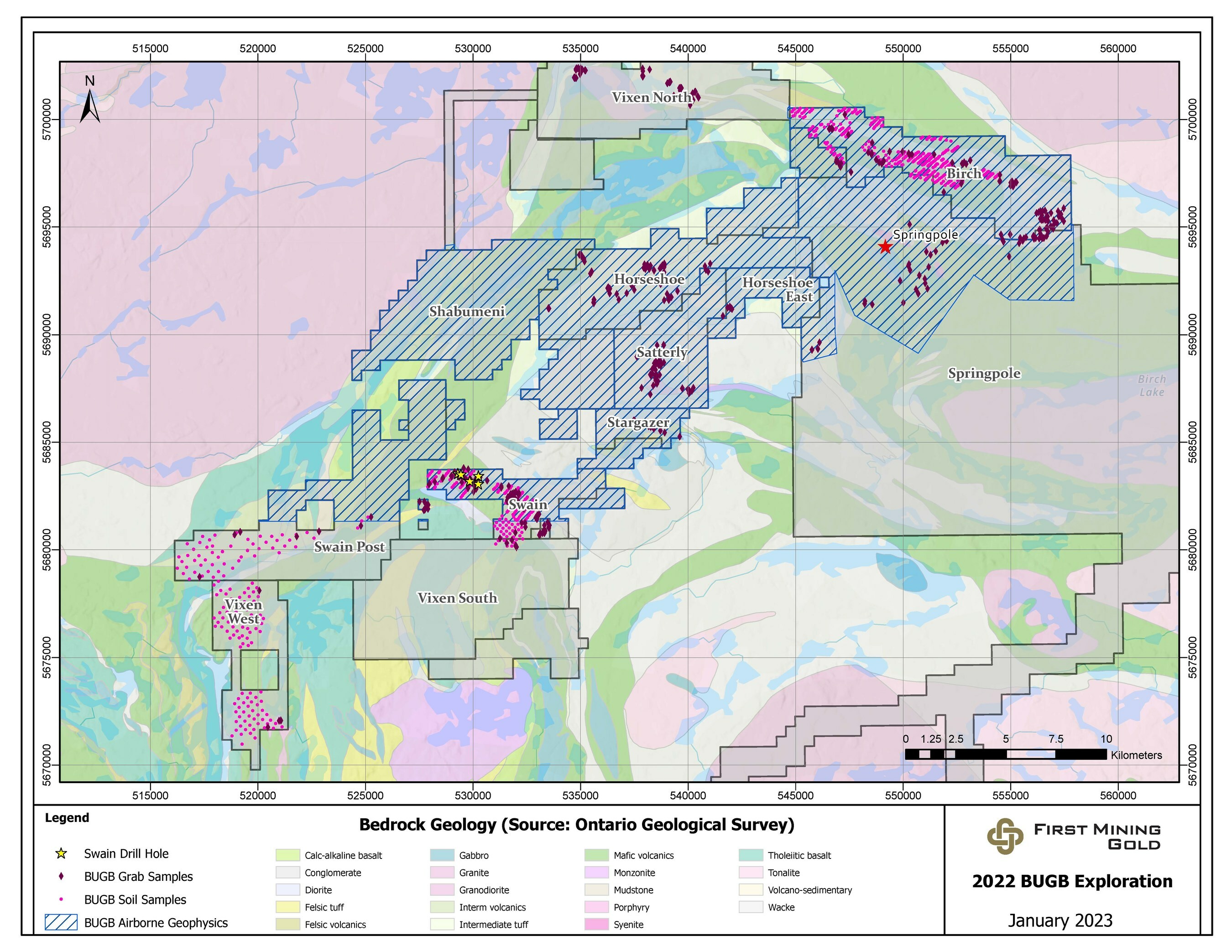 Figure 1: The consolidated First Mining Birch-Uchi Greenstone Belt mineral tenure around Springpole, highlighting the regional 2022 BUGB exploration campaigns (CNW Group/First Mining Gold Corp.)