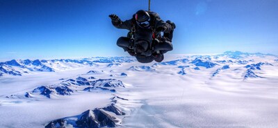 Nick Kush, expedition lead, and Jim Wigginton, previous 'triple 7' record holder, tandem jump into Antarctica at Union Glacier Camp, kicking off the Triple7 expedition.