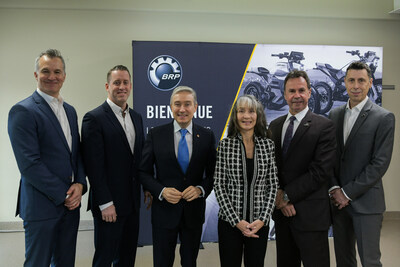 From left to right: Martin Langelier, Chief Legal Officer at BRP, Michael Long, Vice-President, Global Manufacturing Systems, Technology and Quality Strategy at BRP, François-Philippe Champagne, Member of Parliament for St-Maurice‒Champlain, and Minister of Innovation, Science and Industry, Marie-Louise Tardif, Member of the National Assembly for Laviolette‒Saint-Maurice, Michel Angers, Mayor of Shawinigan and Luc St-Pierre, Director, Engineering, BRP Megatech, gather on January 16, 2023 to celebrate the official inauguration of BRP Megatech in Shawinigan, Quebec. (CNW Group/BRP Inc.)