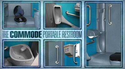 The Commode Portable Toilet includes: Six Stainless Grab Bars - Flushing Toilet - Handwashing Sink - Soap Dispenser - Paper Towel Dispenser - Locking Door with Occupancy Indicator, and More.