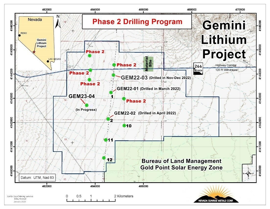 Gemini Lithium Project: Phase 2 Drilling Locations (CNW Group/Nevada Sunrise Metals Corporation) Gemini Lithium Project: Phase 2 Drilling Locations (CNW Group/Nevada Sunrise Metals Corporation)
