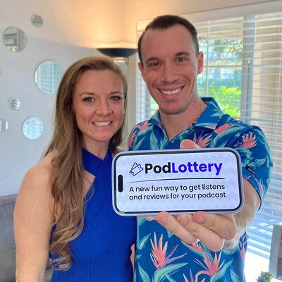 A picture of Alex and Alecia Sanfilippo (Cofounders and creators of PodLottery) Holding an iPhone displaying PodLottery on it.