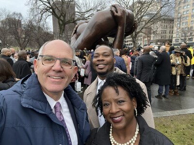 (L to R) Scott Davis, senior vice president and General Counsel, Sun Life U.S.; Joseph Higginbottom, senior IT Security, Governance and Risk analyst, DentaQuest; and Diontha Fancher, Director of Diversity, Equity and Inclusion, Sun Life U.S., attend unveiling of Embrace Boston memorial on Boston Common.