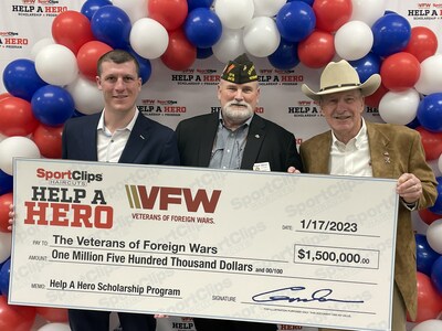 Sport Clips Haircuts donates another $1.5M for Help A Hero veterans' scholarships. (L - R) Edward Logan, Sport Clips Haircuts CEO and president; Dan West, VFW adjutant general, and Gordon Logan, Sport Clips Haircuts founder and chairman and Air Force veteran.