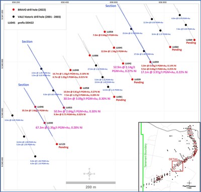 Central Zone (Southern end) – Showing New Results Open at Depth, Compared to Existing Drilling. (CNW Group/Bravo Mining Corp.)