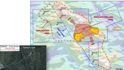 Figure 2: Oposura exploration and resource drilling areas overlayed on the concession boundary and magnetics survey