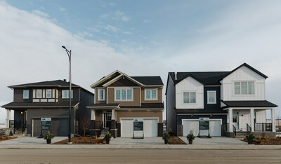 The Fullerton, Whistler and Armstrong single-family show homes (from left to right), as well as one semi-detached and two rear lane townhomes, are available as of Saturday for touring at Mattamy’s Hearthstone community located 20 minutes east of Edmonton, Alberta. (CNW Group/Mattamy Homes Limited)