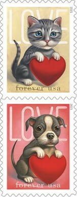 New Love Forever Stamp features puppy and kitten with front paws resting atop a big heart.