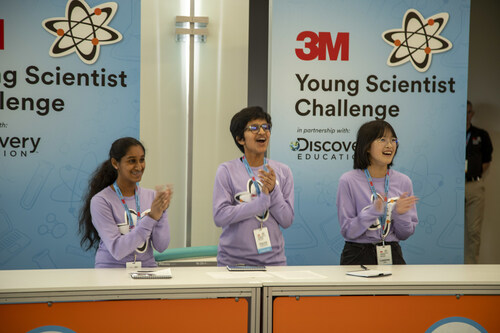 2022 Young Scientist Challenge winner Leanne Fan (far right) and finalists Asvini Thivakaran and Harini Venkatesh.
