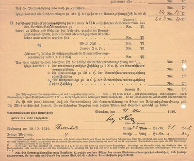 Adolf Hitler's 1926 signed tax return. Hitler, with no other occupation or income, describes his profession as "writer" and declares 2,487 Reichsmarks of income, solely from the sale of his political manifesto "Mein Kampf." This was the first year of the book's sales - only 9,473 copies were sold. Within a few years, Hitler would become an absolute dictator and make millions from the sale of the book. This document to be auctioned by Alexander Historical Auctions, Jan. 25, 2023.