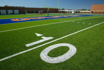Gulfport High School has a new synthetic turf field installed by Hellas on campus. The blue and orange end zones accent the blue epiQ tracks system® Hellas also installed at Prince Jones Stadium.