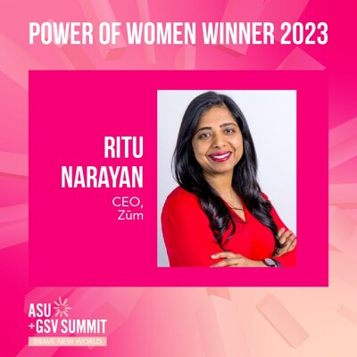 Ritu Narayan, founder and CEO of Z?m, has been named one of the 2023 Power of Women Award winners from Arizona State University (ASU) and Global Silicon Valley (GSV).