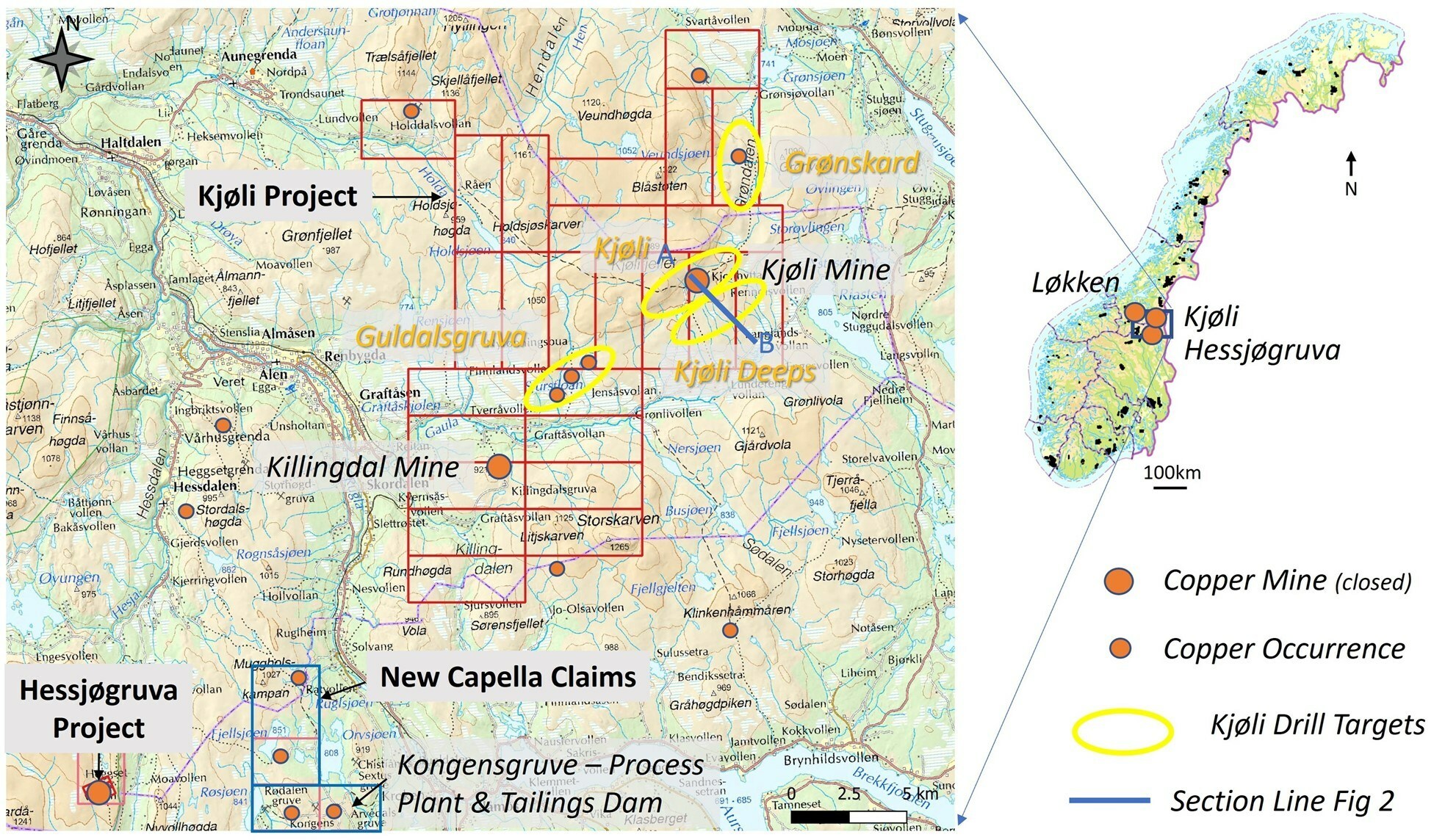 Figure 1. Location of the Kjøli Deeps and Kjøli Mine targets, in addition to section line for Figure 2. (CNW Group/Capella Minerals Limited) Figure 1. Location of the Kjøli Deeps and Kjøli Mine targets, in addition to section line for Figure 2. (CNW Group/Capella Minerals Limited)