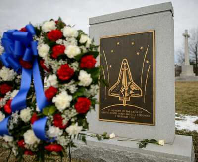 A lei is seen on the Space Shuttle Columbia Memorial after a ceremony that was part of NASA's Day of Remembrance, Thursday, Jan. 28, 2021, at Arlington National Cemetery in Arlington, Va. Wreaths were laid in memory of those men and women who lost their lives in the quest for space exploration. Photo Credit: (NASA/Bill Ingalls)