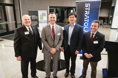 Purdue University and Stratolaunch leaders announce their collaborative partnership on Jan. 19, 2023 during a hosted reception at The Convergence Center for Innovation in the Discovery Park District in West Lafayette, Indiana. Pictured (from the left) are U.S. Congressional Representative of Indiana Jim Baird, Stratolaunch President and CEO Dr. Zachary Krevor, Purdue University President Dr. Mung Chiang, and Vice President of Discovery Park District Institutes Dr. Dan DeLaurentis.