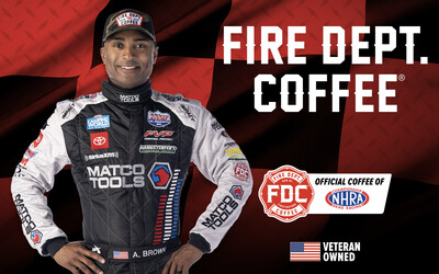 NHRA announced that Fire Department Coffee, a veteran-owned brand that is dedicated to handcrafting great-tasting coffee and supporting first responders, has been named the Official Coffee of NHRA as part of a multi-year agreement. Pictured is NHRA Top Fuel star Antron Brown, a three-time world champion with 71 career wins, and owner of AB Motorsports.