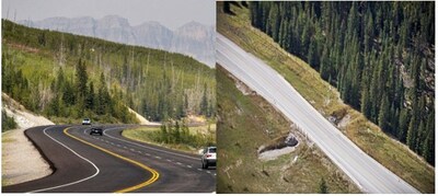 Left Image: New paving on Highway 93S through Kootenay National Park. Credit: Parks Canada; Right Image: An aerial view shows wildlife fencing and a newly constructed wildlife underpass along Highway 93S in Kootenay National Park. 
Credit: Parks Canada (CNW Group/Parks Canada)