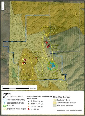 Figure 1: Mountain View Claim Block (black outline) with Oxide Pit (green outline), Exploration Plan of Operations Boundary (blue outline), and Exploration Drilling Targets (yellow outlines) (CNW Group/Millennial Precious Metals Corp.)