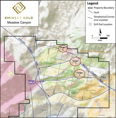 Figure 2. Meadow Canyon simplified geologic map with the geophysical survey line locations, notable faults (blue), and potential drill targets (red). (CNW Group/Eminent Gold Corp.)