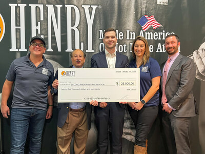 Henry Repeating Arms presenting a $25,000 check to the Second Amendment Foundation at the 2023 SHOT Show. From left to right: J. Pierce Shields, SAF Director of National Advancement, Alan Gottlieb, Founder of SAF, Dan Clayton-Luce, Henry Repeating Arms Vice President of Communications, Adam Kraut, SAF Executive Director, and Lauren Hill, SAF Vice President of Development.