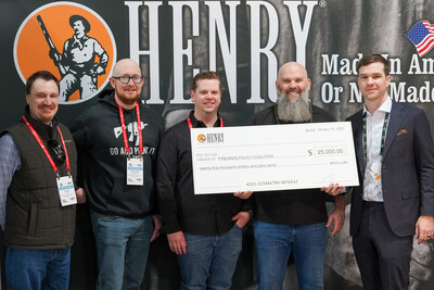 Henry Repeating Arms presenting a $25,000 check to the Firearms Policy Coalition at the 2023 SHOT Show. From left to right: Evan Burt, FPC Senior Director of Marketing & Growth, Richard Thomson, FPC Vice President of Programs, Cody Wisniewski, FPC Senior Attorney for Constitutional Litigation, Jeffrey Silvester, FPC Auction Foundation Executive Director, Dan Clayton-Luce, Henry Repeating Arms Vice President of Communications.