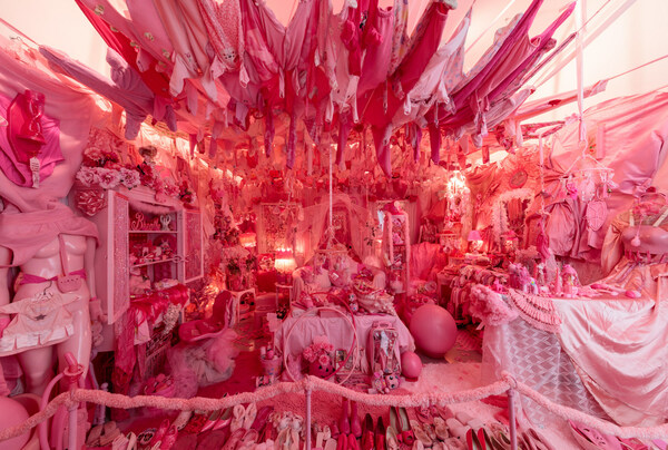 Portia Munson, Pink Project: Bedroom, (1994- ongoing), found pink plastic and synthetic objects along with salvaged pink bedroom furnishings 96 x 216 x 120 in. Image courtesy of P.P.O.W. Gallery