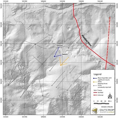 Map 1. Paraiso vein-hosted Megapozo shoot area showing drill hole traces. (CNW Group/Outcrop Silver & Gold Corporation)