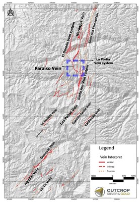 Map 2. Location of Paraiso vein hosting the Megapozo shoot. (CNW Group/Outcrop Silver & Gold Corporation)