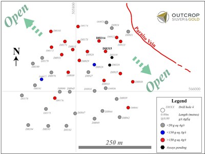 Figure 3. Projection to surface view of Megapozo shoot showing all drilling pierce points. (CNW Group/Outcrop Silver & Gold Corporation)