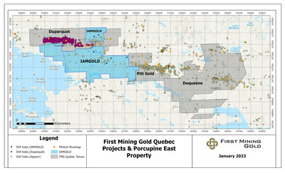 Figure 1: Overview of First Mining Quebec Projects and Newly Acquired Porcupine East Property (CNW Group/First Mining Gold Corp.)