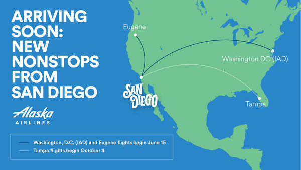 Alaska Airlines está lanzando un nuevo vuelo sin escalas desde San Diego a Washington, DC, Tampa y Eugene, Oregón.