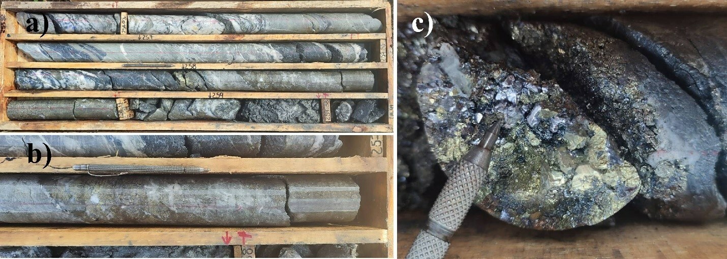 Figure 1. DH317 intercept within Las Abejas shoot. (a) Core intercept of El Dorado vein. (b) High-grade core interval with abundant silver, lead, and copper sulphides. (c) Acanthite (silver-rich sulfide) within Las Abejas shoot. (CNW Group/Outcrop Silver & Gold Corporation)