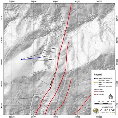 Map 1. DH317 and surface traces of the set of El Dorado veins. (CNW Group/Outcrop Silver & Gold Corporation)