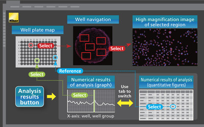 Conceptual image of NIS-Elements control screen. Automate flow from image acquisition to analysis result display by simply inserting a well plate.