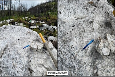 Figure 2: View of Spark Extension looking east (left) with closeup of the "snowshoe" textures on the right (CNW Group/Frontier Lithium Inc.)