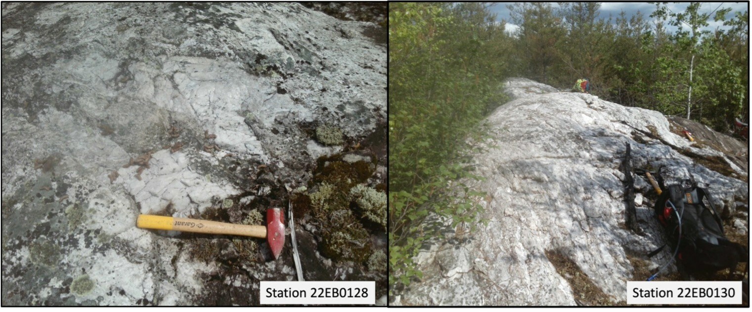 Figure 3 shows the two southern outcrops (Stations 22EB0128 and 22EB0130) with grabs samples each grading 1.7% Li2O. (CNW Group/Frontier Lithium Inc.)