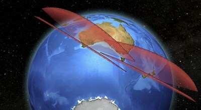 This graphic illustrates the additional coverage of the Southern Hemisphere enabled by LeoLabs West Australian Space Radar (WASR) and its Kiwi Space Radar (KSR).