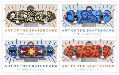 USPS Art of the Skateboard Forever stamps. Artists featured, from top left clockwise: Federico 