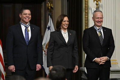 Former NASA astronauts Robert Behnken, left, and Douglas Hurley, right, are seen after being awarded the Congressional Space Medal of Honor by Vice President Kamala Harris during a ceremony in the Indian Treaty Room of the Eisenhower Executive Office Building, Tuesday, Jan. 31, 2023 in Washington. Former astronauts Behnken andHurley were awarded the Congressional Space Medal of Honor for their bravery in NASA’s SpaceX Demonstration Mission-2 to the International Space Station in 2020, the first crewed flight as part of the agency’s Commercial Crew Program. Photo Credit: (NASA/Joel Kowsky)